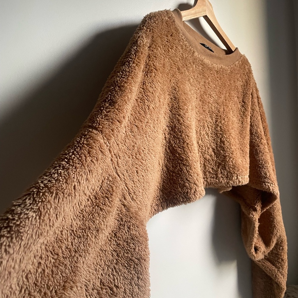 Tan Crew Neck Sweater with Fuzzy Texture